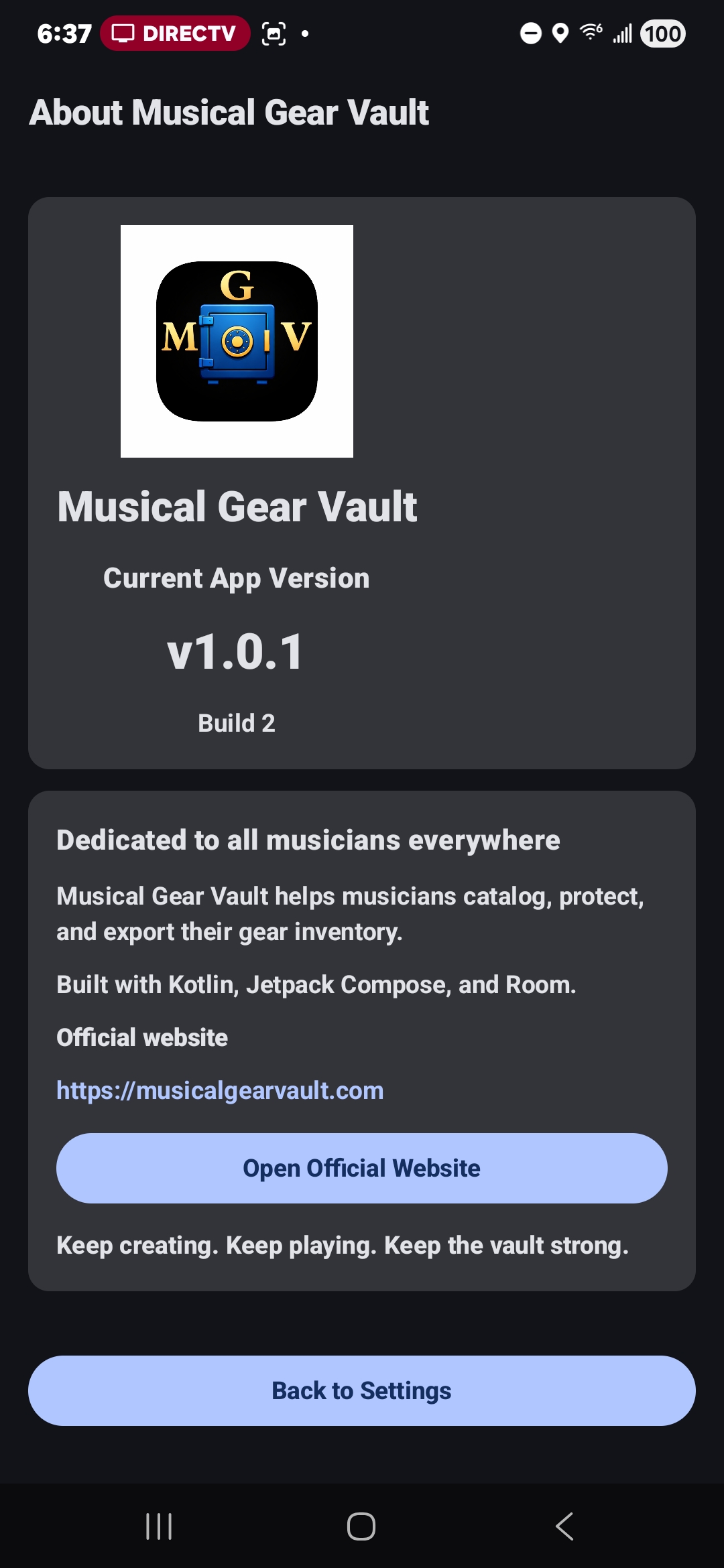 About screen showing app version